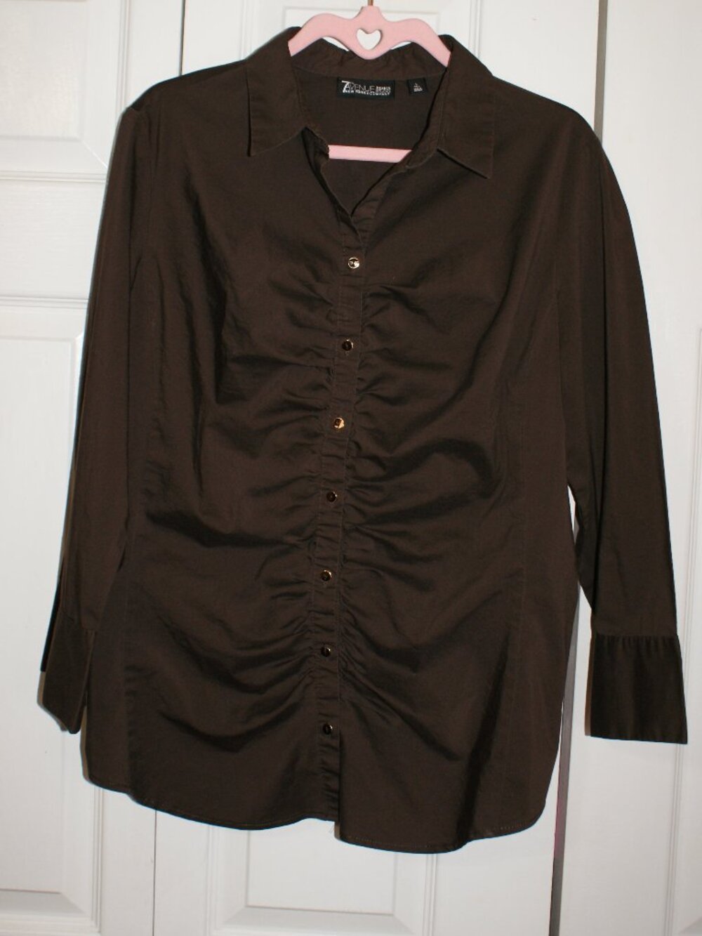 NY&CO 7th Avenue Design Studio Brown Ruched Button Down Shirt - L Tall LIKE NEW
